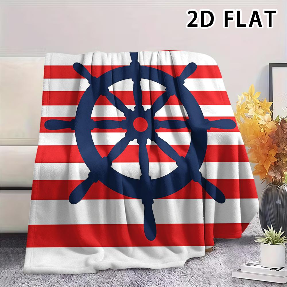 1Pc 2D FLAT Red Stripe Marine Print Flannel Blanket,High quality Comfortable for All Seasons,Home Decor,Warmth and Comfort,Perfect for Christmas Gifts