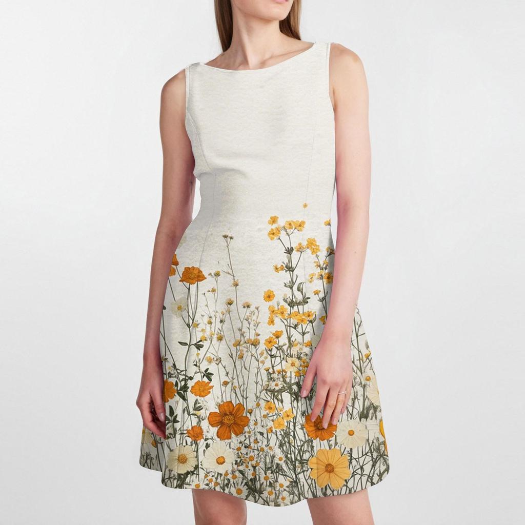 Женское летнее платье повседневное без рукавов с круглым вырезом с цветочным принтом сарафан-майка