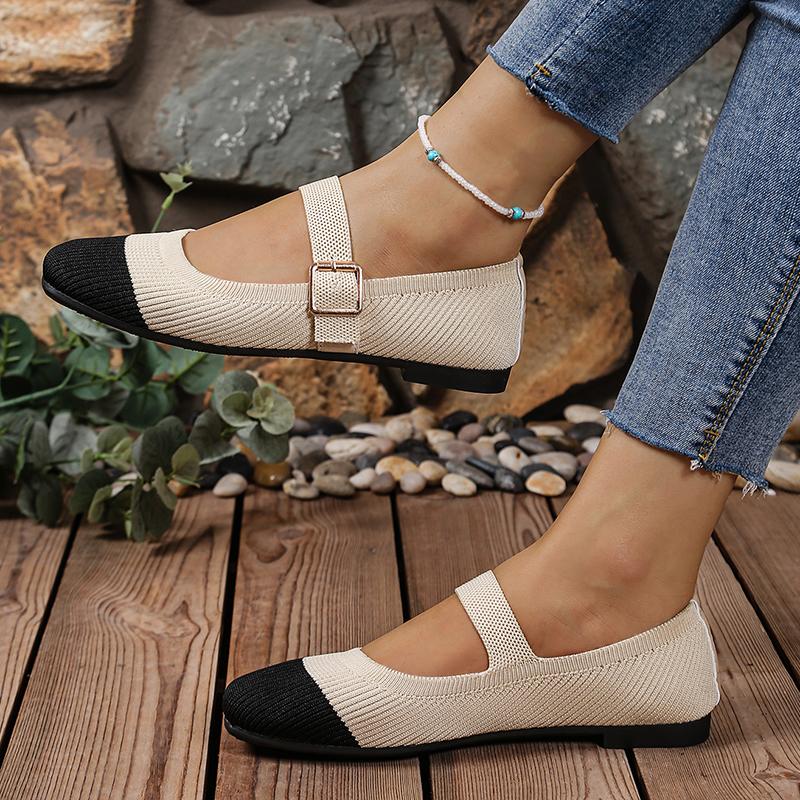 Fashion Women's Lightweight Knit Flats Fashion Mix Color Flat with Mary Jane Shoes for Women Square Toe Comfort Soft Sole Casual Shoes