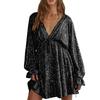 Lady Club Party Dress Deep V Neck Shimmering Sequin Loose Solid Color