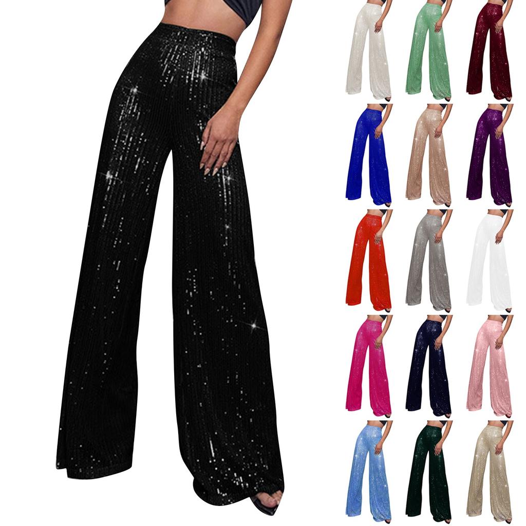 Women's Fashion Solid Color High Waist Sequin Side Zipper Draped Wide Leg Pants