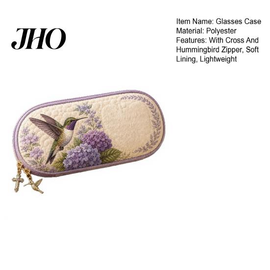 Elegant Religious Eyewear Case Hummingbird Quilted Glasses with Cross And Bird of Hope Pendant, Protective Christian Sunglasses Eyeglass Soft Lining,