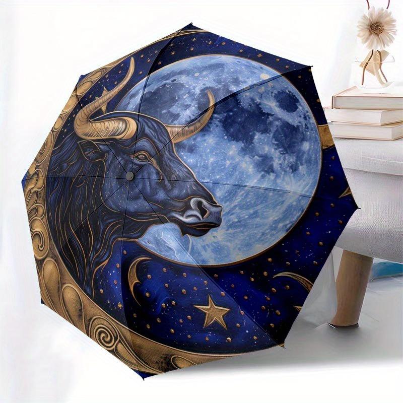 Golden Bull Moon Zodiac Art Print, Celestial Decor Umbrella, Cute Umbrella with Cute Design, Portable 3-Fold Compact Umbrella for Men & Women, Valenti