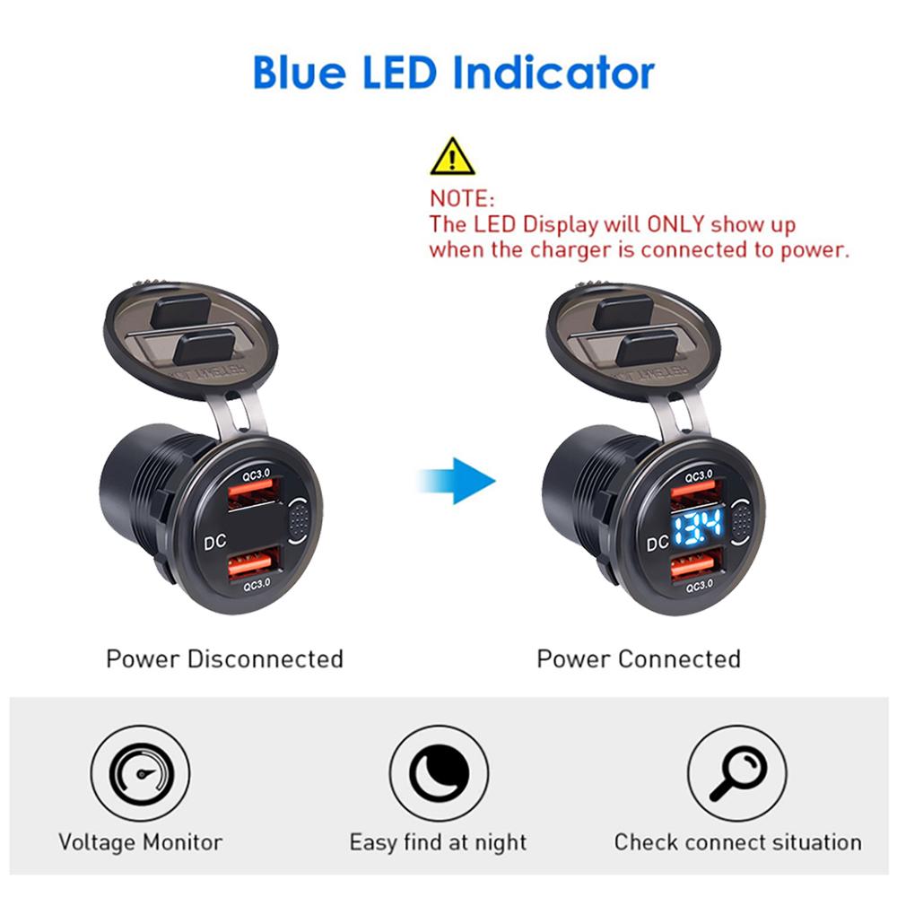 12 В/24 В, двойная USB-розетка QC3.0, автомобильное зарядное устройство, USB-разъем для прикуривателя, водонепроницаемая со светодиодным вольтметром, переключатель включения/выключения, адаптер для быстрой зарядки, автомобильные аксессуары