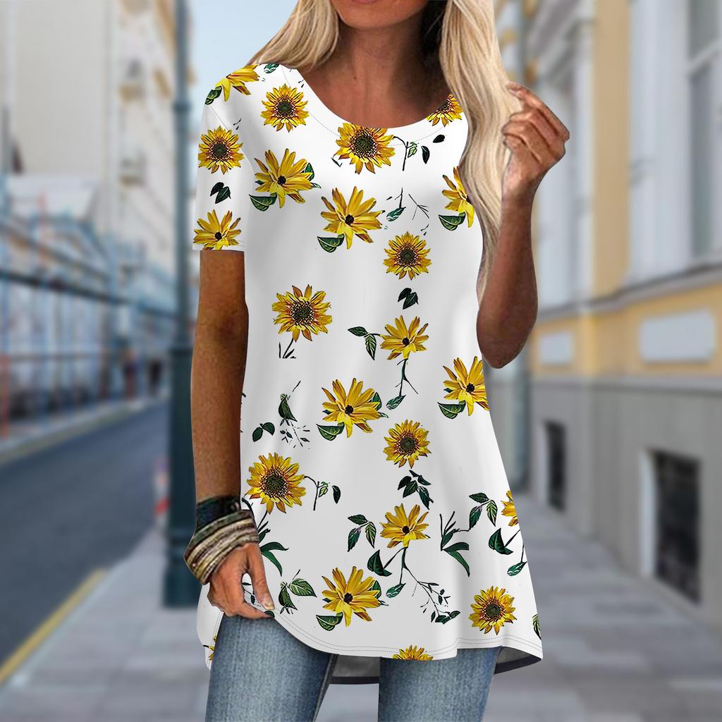 Плюс размер Женская футболка SpringBlue Chrysanthemum Printed Comfy с коротким рукавом и круглым воротником Повседневные мешковатые футболки средней длины