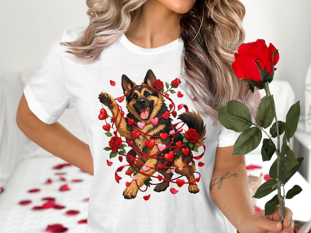 German Shepherd Valentines T-Shirt, Dog Hearts & Roses Tee