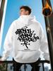 Men's Hoodie with White Graffiti Text - Loose Fit Street Pullover, Drawstring Hoodie
