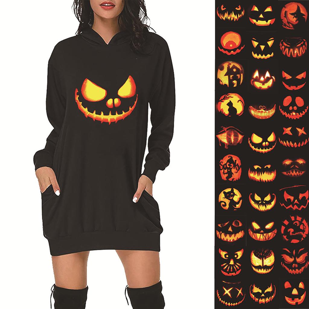 Women Casual Fashion Loose Plus Size Halloween Print Long-Sleeve Blouse Dress