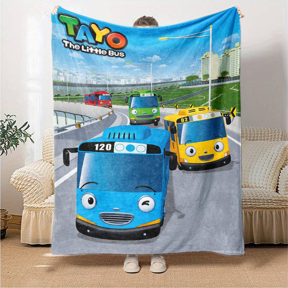 Tayo the Little Bus Print Flannel Blanket High Quality Warm Comfortable Cover for All Seasons Perfect for Gifts Home Decor