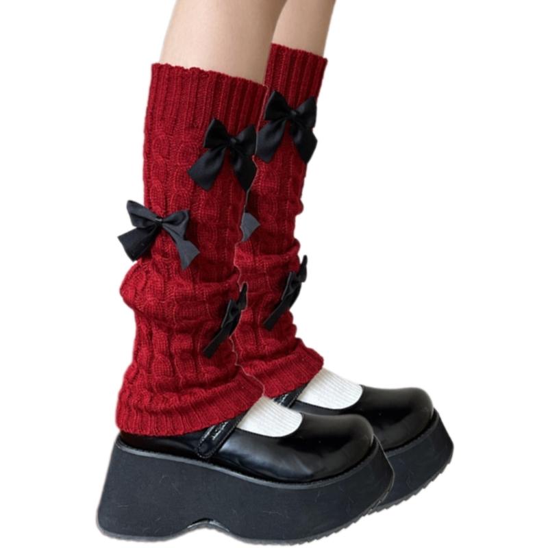 Womens Girls Japanese Cable Knitted Stretch Leg Warmers Sweet Bowknot Accent Leg Covers Footless Boot Socks Streetwear