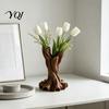 Mid Century Style Vase 3D Printed Flower Vase, Matte Wood Grain Double Tube Ornament, Minimalist Home Decoration Floral Arrangement, for Dried Flowers