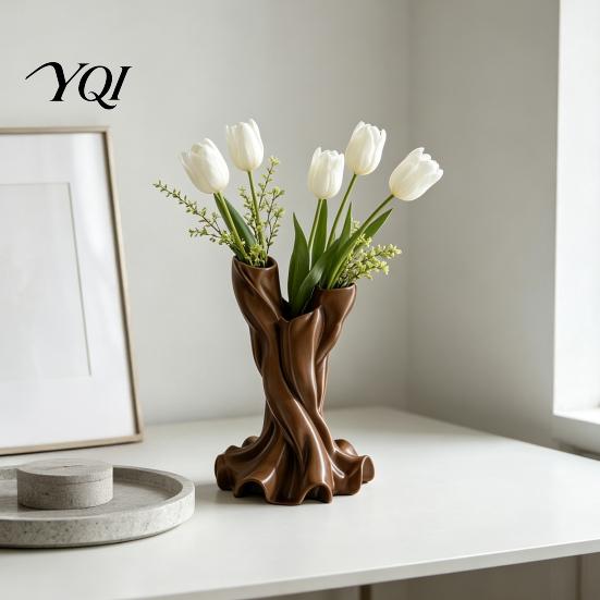 Mid Century Style Vase 3D Printed Flower Vase, Matte Wood Grain Double Tube Ornament, Minimalist Home Decoration Floral Arrangement, for Dried Flowers