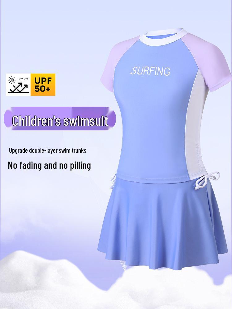 2025 Girls' Conservative Two-Piece Swimsuit: Fresh Waist-Slimming Short Skirt & Short-Sleeve Design
