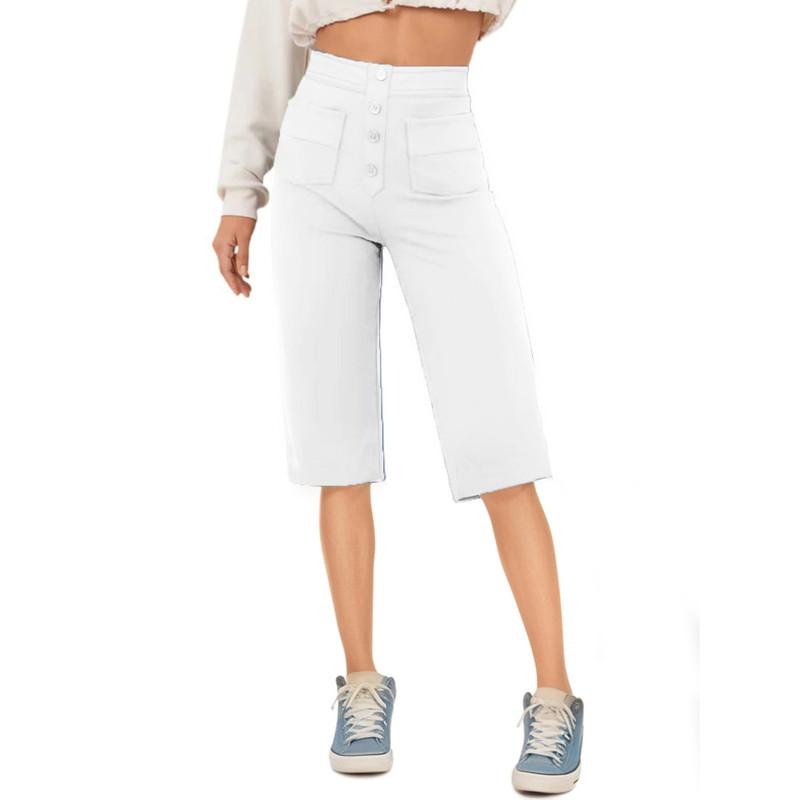 Модные женские повседневные прямые брюки с высокой талией и пуговицами, эластичные узкие шорты