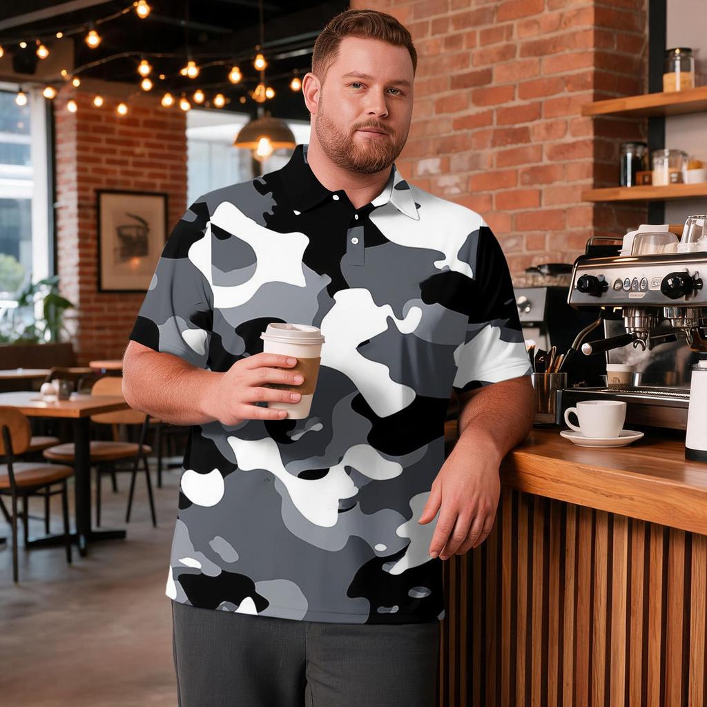 Men's Big Size Camouflage Print Golf Shirt Breathable Short Sleeve Polo Shirt Suitable for Casual Workwear Tops