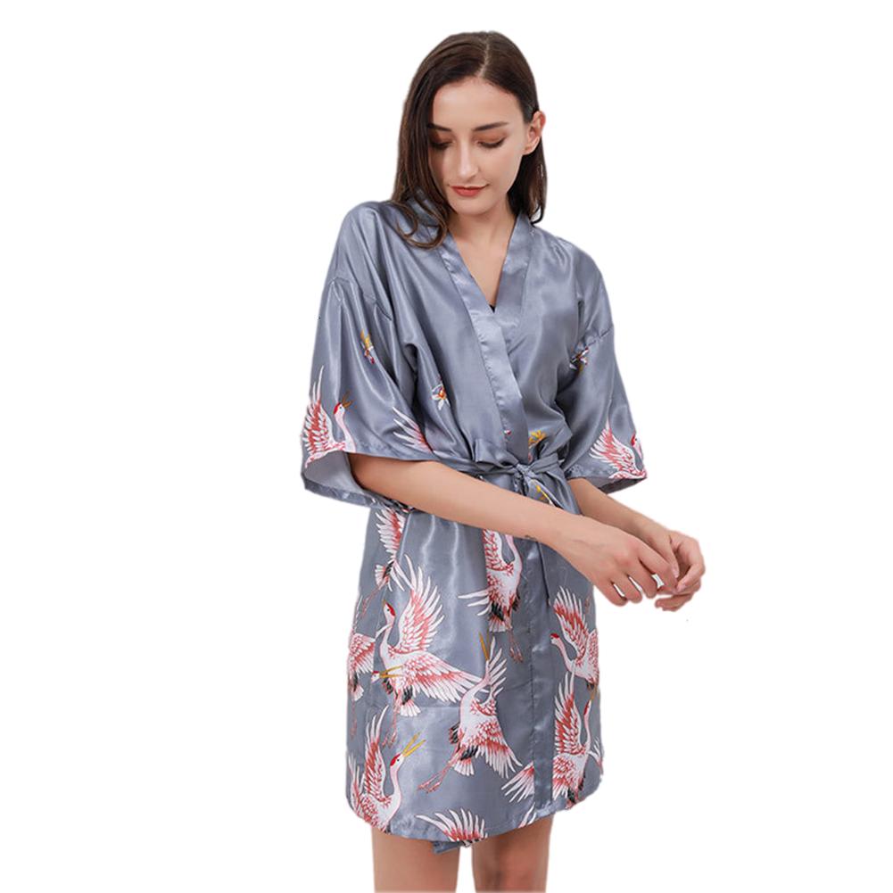 Puntos Summer Ice Silk Fabric Women Lady Nightgown Flower Print Short Bathrobe