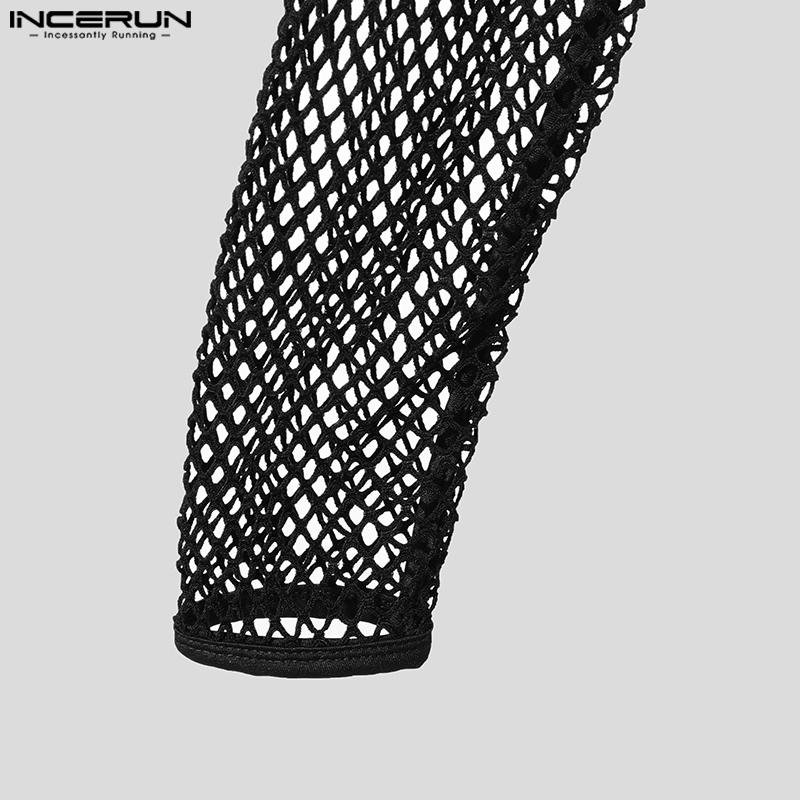 INCERUN Men Mockneck Long Sleeve Mesh Sheer Cutout T-shirts See Through Crop Tops