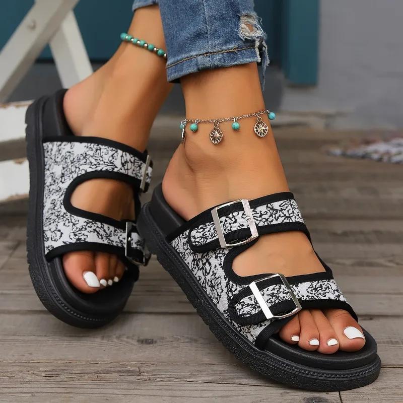 Распродажа женской обуви 2024 года. Базовые женские тапочки. Повседневные тапочки на платформе. Женские туфли с принтом и пряжкой на плоской подошве с открытым носком. Женская уличная обувь.