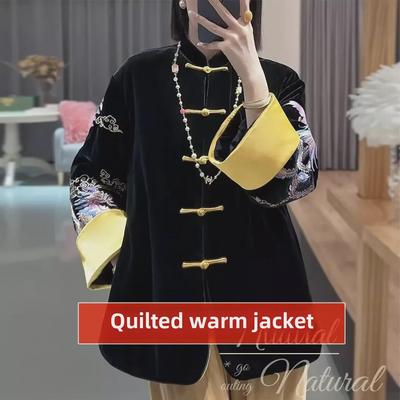 Женская бархатная куртка с вышивкой в стиле ретро с драконом и фениксом — теплая, стеганая, с хлопковой подкладкой для осени/зимы