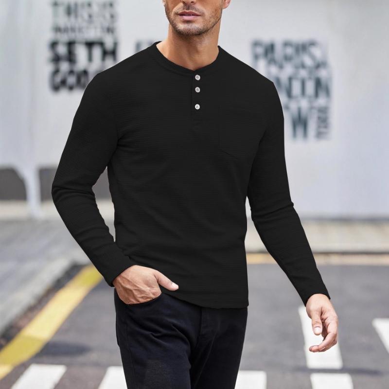 Men Black Waffle Knit Henley Long Sleeve Shirt With Chest Pocket