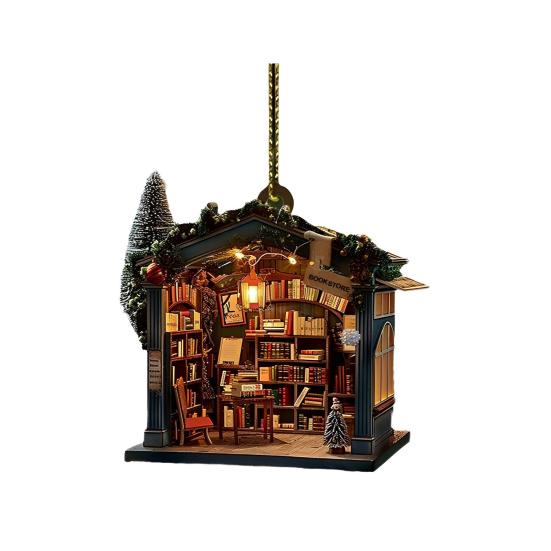 1Pc/2Pcs Christmas Bookstore Ornament Acrylic 2D Flat Book Store Ornament Xmas Tree Hanging Decoration for Book Lovers