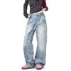 Large size American retro washed diagonal placket button jeans men's and women's design casual floor pants blue