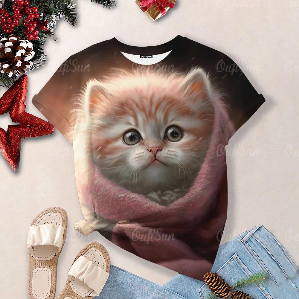 Футболки Overzise для женщин 2024, футболки с круглым вырезом и короткими рукавами с 3d принтом милого кота, топы, кавайные повседневные футболки, эстетические женские топы