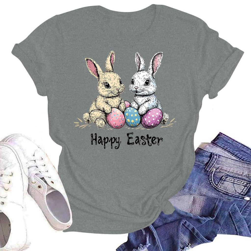 Happy Easter Women's Fashion Printed Round Neck Short Sleeve T-Shirt Pullover Top