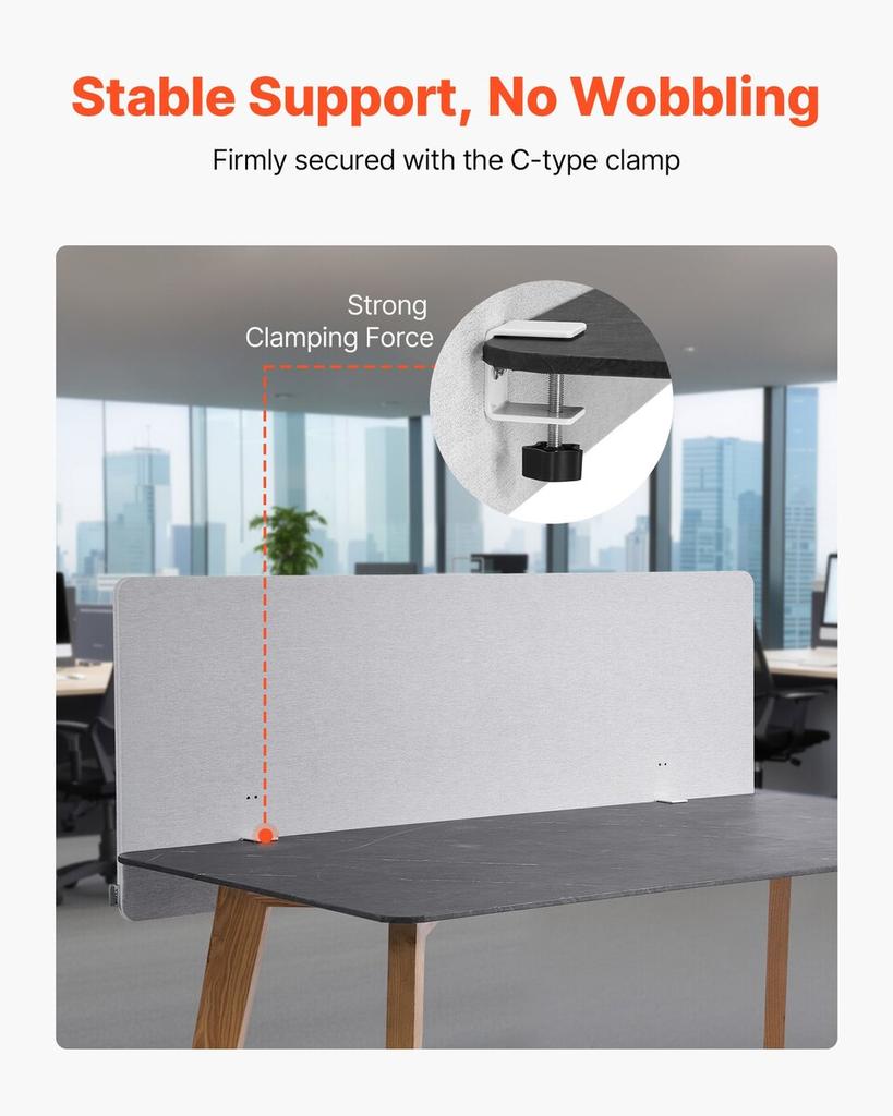 Desk Divider Privacy Panel, 1524 x 610 mm Clamp-on Office Desk Partition, PET Cubicle Partition Panel, Workstation Privacy Divider with 2 C-Type