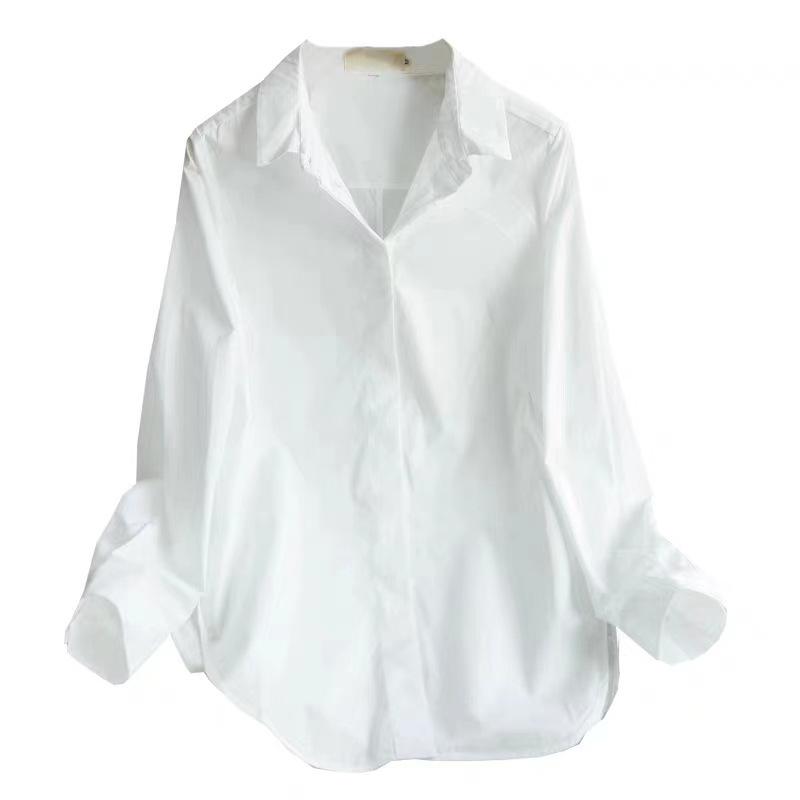 Slightly Elastic White Cotton Women's Korean Style Long Sleeve Casual Shirt - Professional, Fashionable, and Non-See-Through