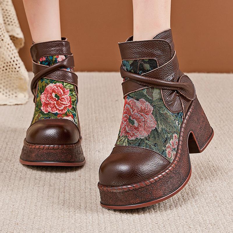 GKTINOO Женские мотоботы из натуральной кожи 2025 Новые на молнии с круглым носком Женская обувь Цветы Ручная работа Ретро Ботильоны на платформе