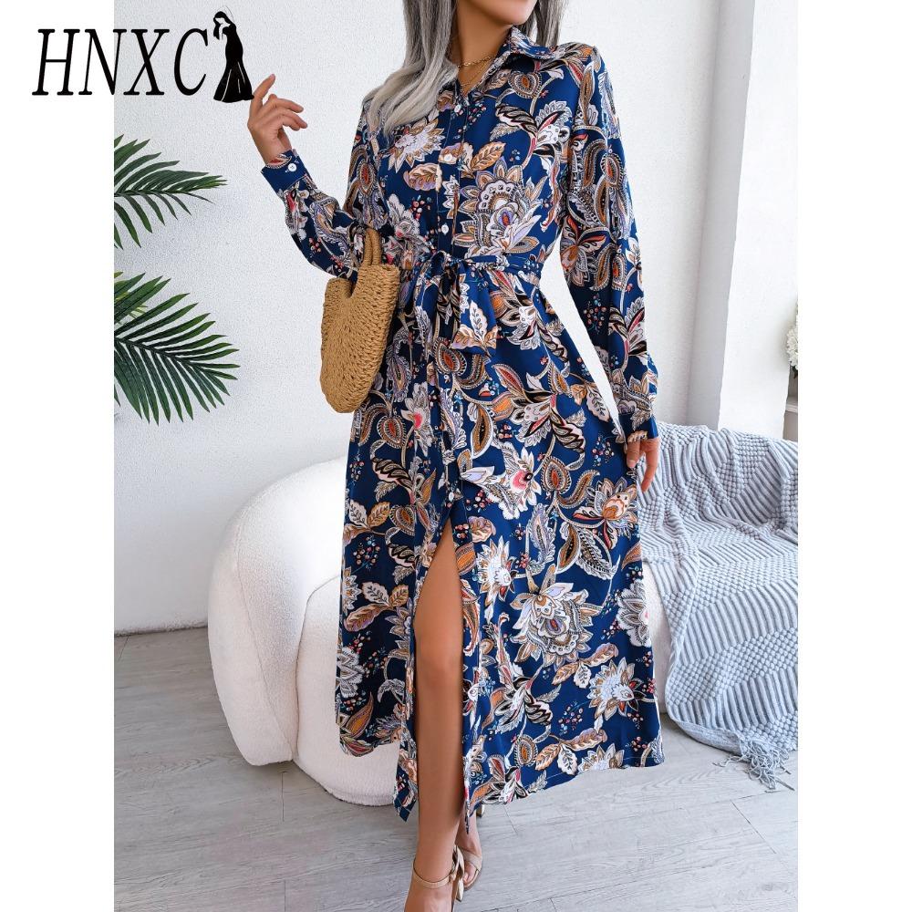 HNXC Women's Retro Floral Collar Long Sleeve Shirt Dress for Spring Summer