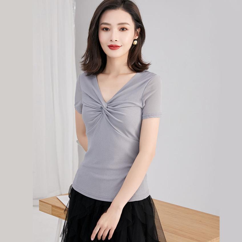 Spring Korean Style Women's Fashion V-neck Mesh Short-sleeved T-shirt Women's Ins Trendy Shirt