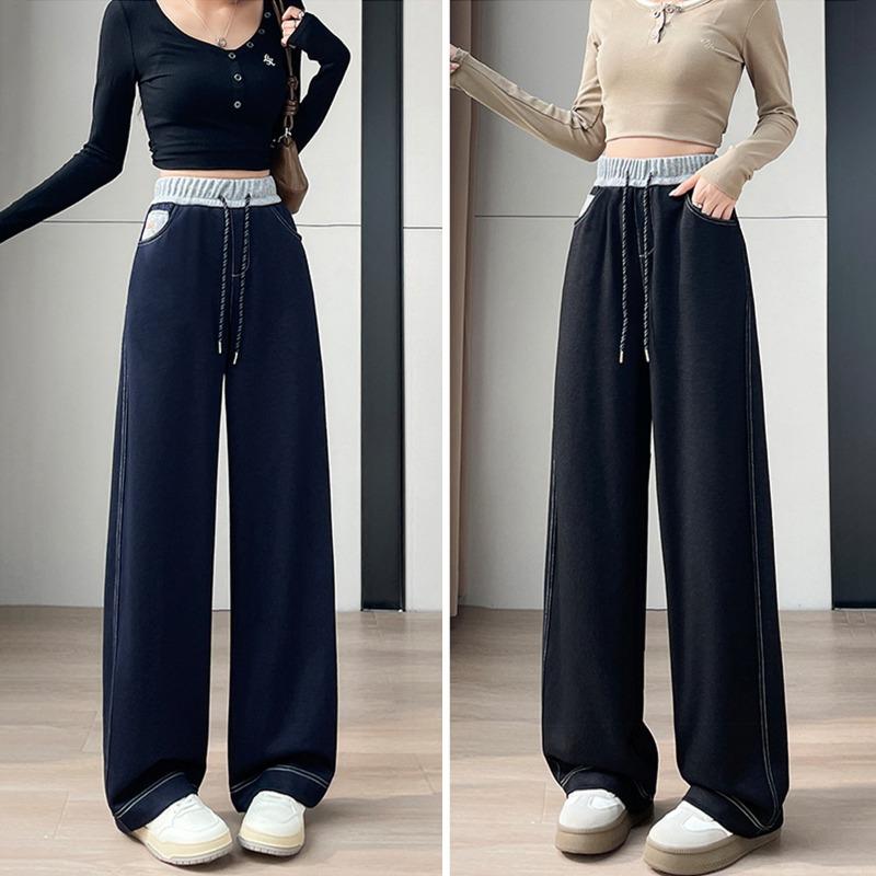 Осень Зима Джинсы с высокой талией Винтажная вышивка Широкие штанины Женские Свободные Повседневные На все случаи жизни Прямые Джинсовые брюки