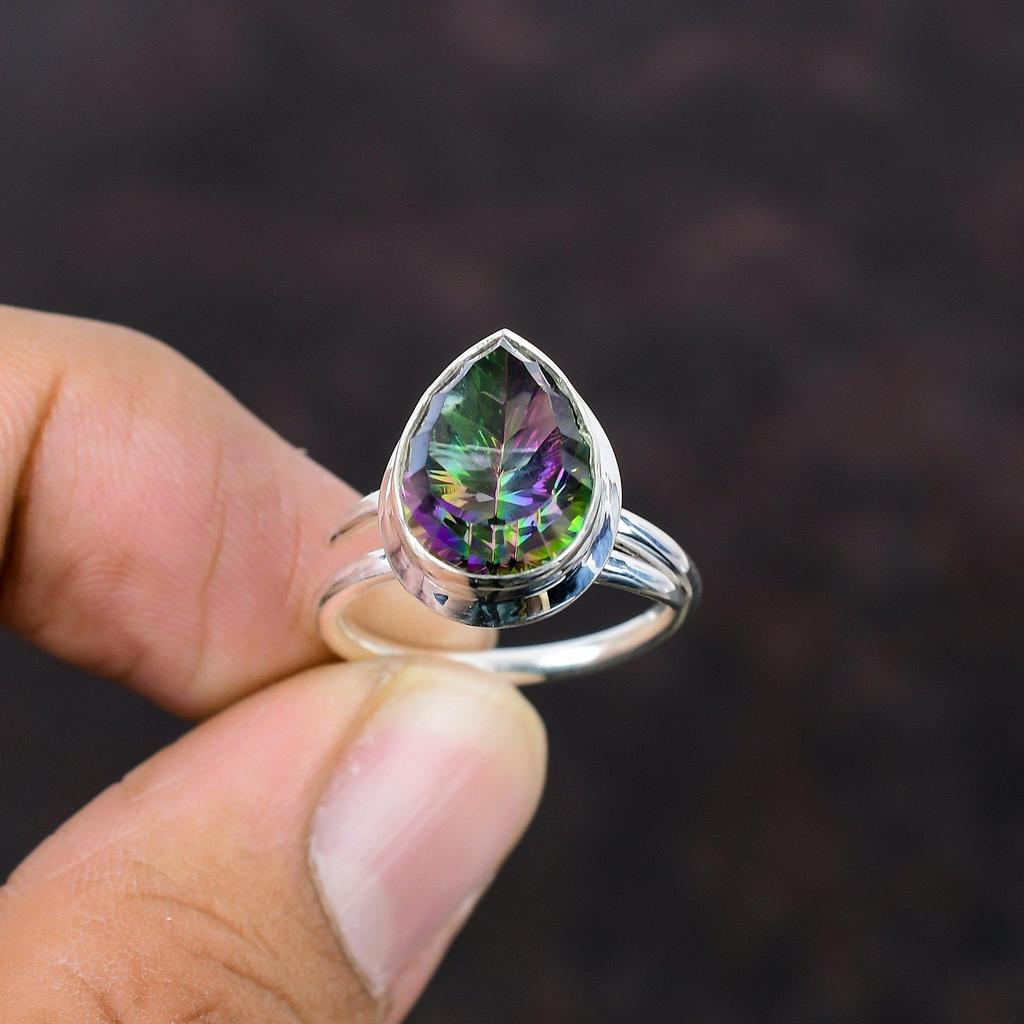 Кольцо с радужным мистическим топазом, кольцо из стерлингового серебра 925 пробы, ювелирные изделия из драгоценных камней высшего качества, регулируемое кольцо, кольцо ручной работы в стиле бохо, подарок для ее приличного кольца
