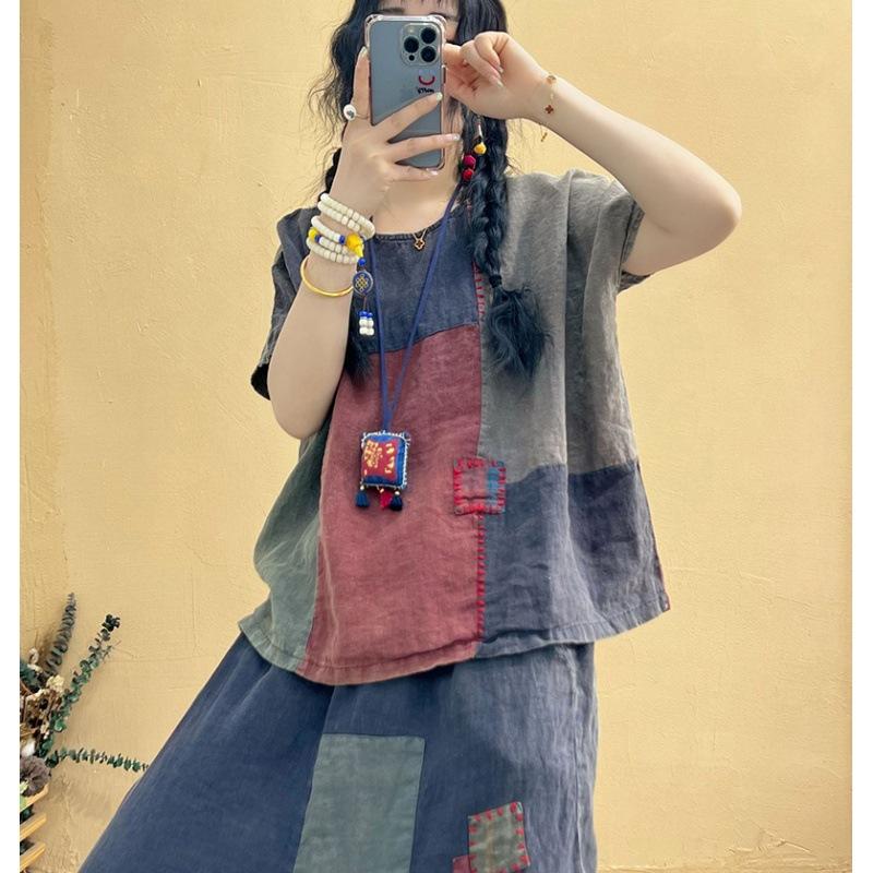 Комплекты из хлопковых льняных брюк в стиле пэчворк, винтажная рубашка и повседневные шаровары, большие корейские модные комплекты из двух предметов, женские наряды