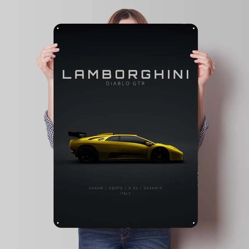 Металлическая табличка Lamborghini Постер с автомобилями Декорация для дома Ретро Металлическая табличка для гаража Настенное искусство Декор