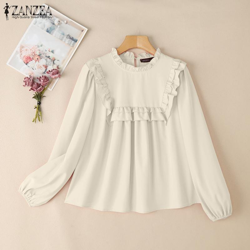 ZANZEA Женская повседневная однотонная свободная блузка с круглым вырезом и длинным рукавом