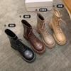 Cowhide Grape Mother Same British Style Mid-tube Boots Thick-soled Round Head Lace-up Elastic Fashion Short Boots Women's Martin Boots