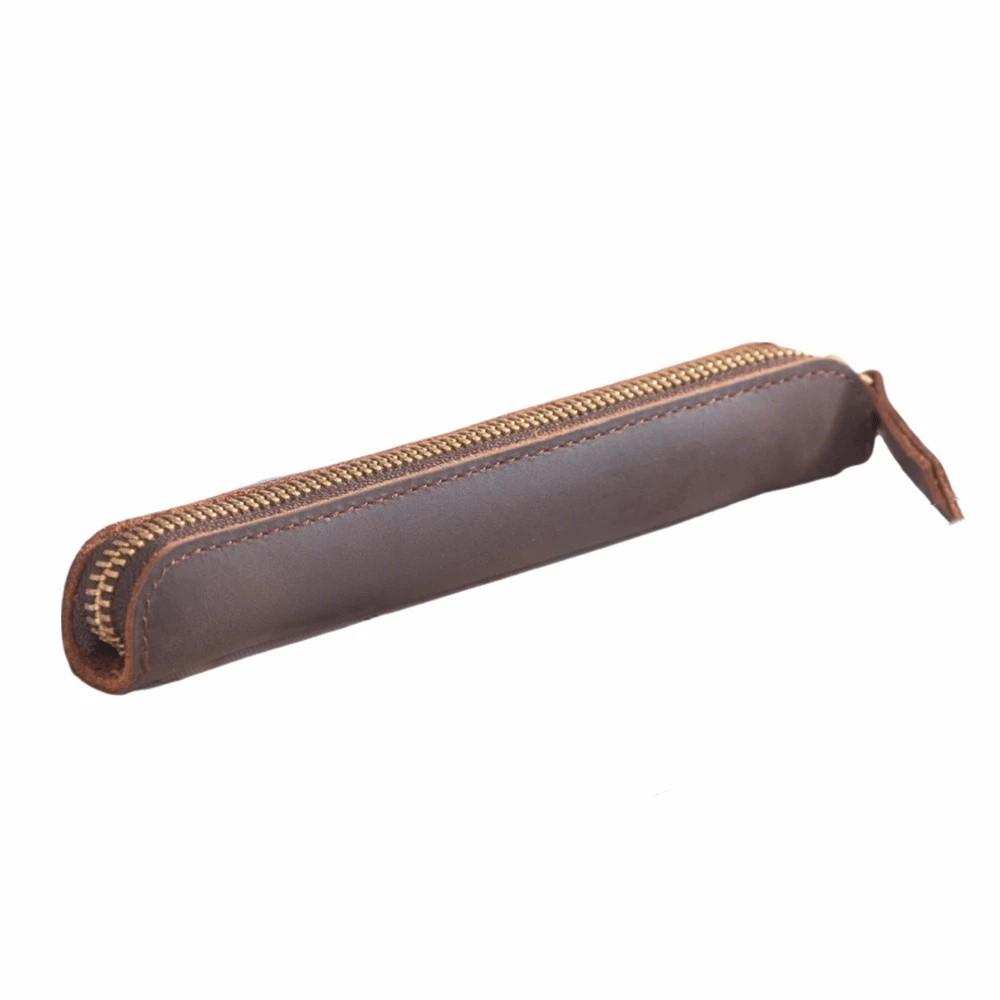 Cowhide Leather Mini Pen Pouch Zipper Electronic Writing Pen Protective Organizer