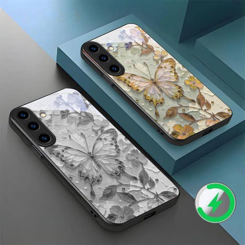 Элегантная розовая бабочка, подходящая для Samsung Galaxy S26 Ultra S20 FE S21 S22+ S23 Plus S24 Ultra 25 Edge, черный стеклянный чехол для телефона