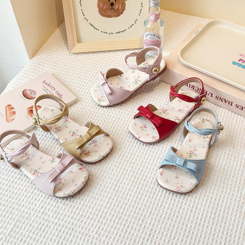 Children's Floral Flat Sandals Summer New Korean Style Girls' Bow Strap Princess Shoes to Match Dresses