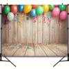 Colorful carnival balloons and tassels are decorated on the rustic wooden boards - polyester fiber photo background cloth