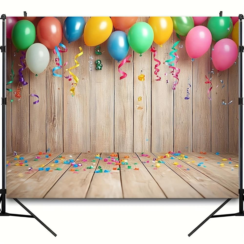 Colorful carnival balloons and tassels are decorated on the rustic wooden boards - polyester fiber photo background cloth