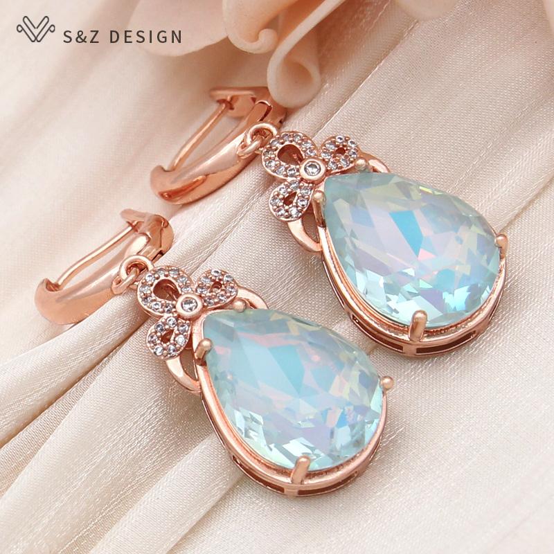 Модные висячие серьги цвета розового золота с каплями воды и кристаллами для женщин, свадебные серьги-капли с кубическим цирконием, ювелирные изделия