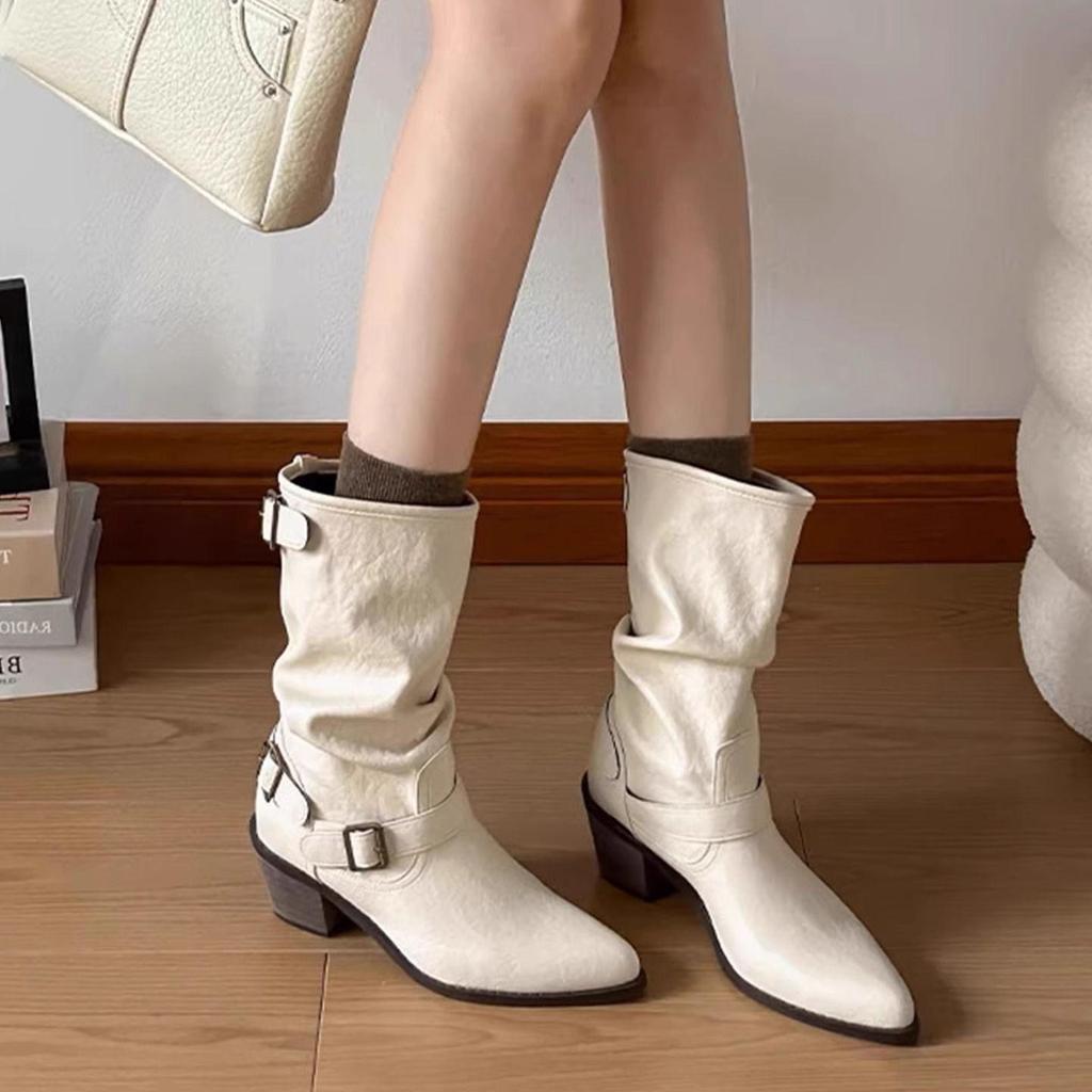 Women's 2025 Autumn/Winter Retro Korean-Style Pointed Toe Martin Boots - Versatile White Soft Leather High Heel Slouch Boots