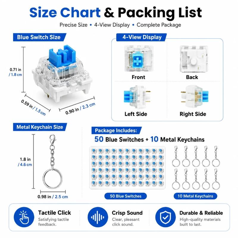 Mechanical Keyboard Clicky Blue Switches 50PCS 3 Pin MX Style for Daily Office Typing Competitive Gaming Use