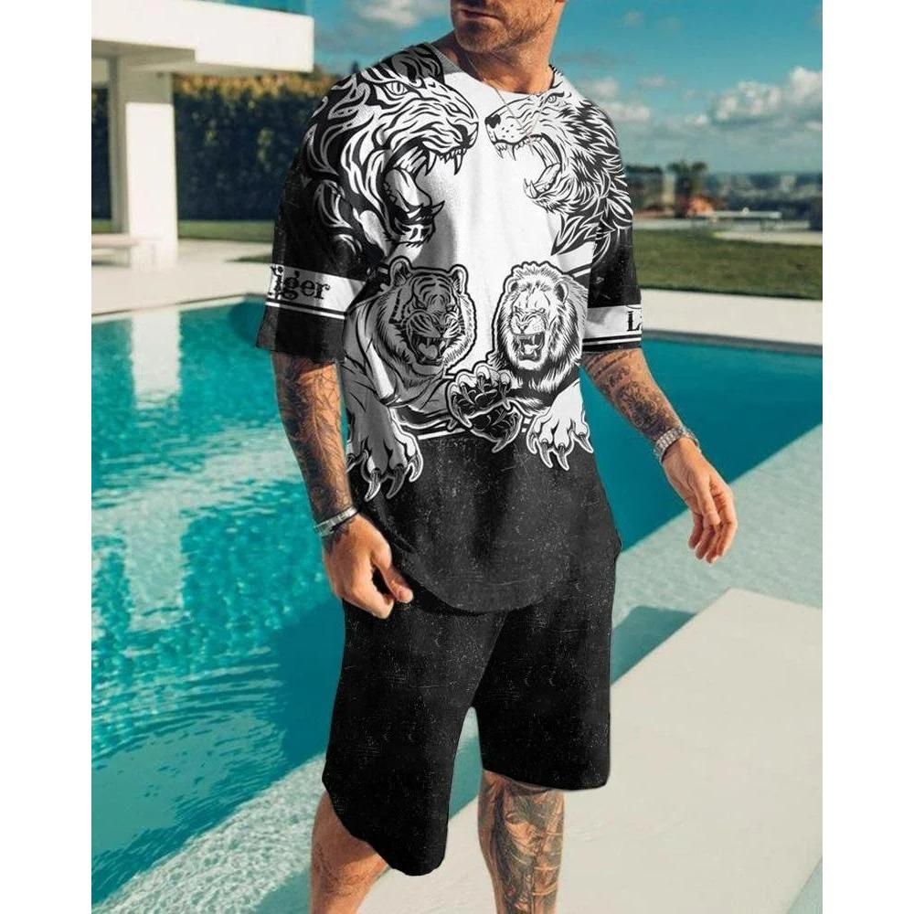 Летний комплект из 2 предметов с шортами с рисунком льва и свирепого зверя, повседневные уличные футболки и шорты, спортивный костюм с круглым вырезом и 3D-принтом