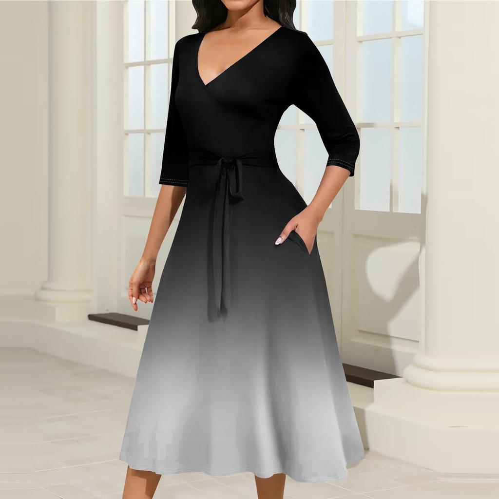 Женское повседневное модное платье миди с V-образным вырезом и рукавом три четверти