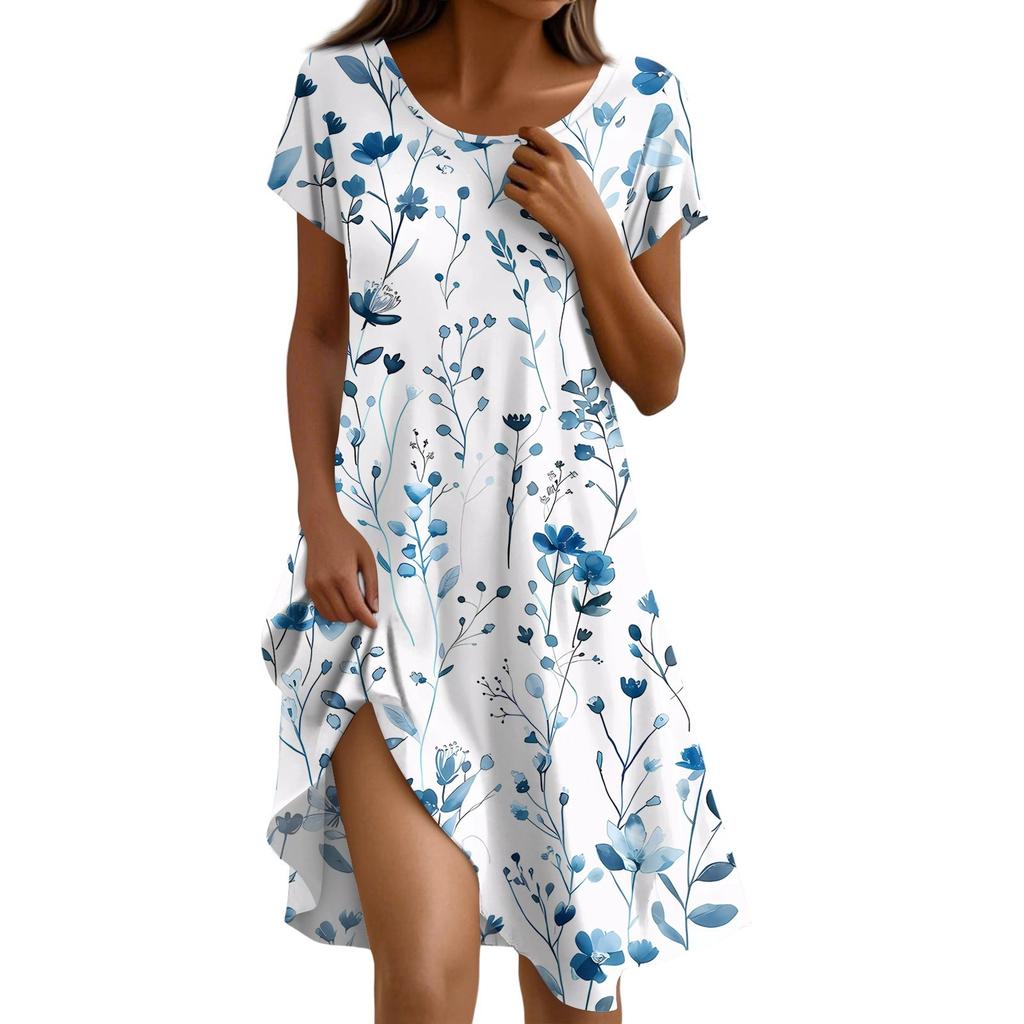 Short Sleeve Boho Dress For Women Casual Loose Fit Sundress Print Round Neck Dress With Pockets